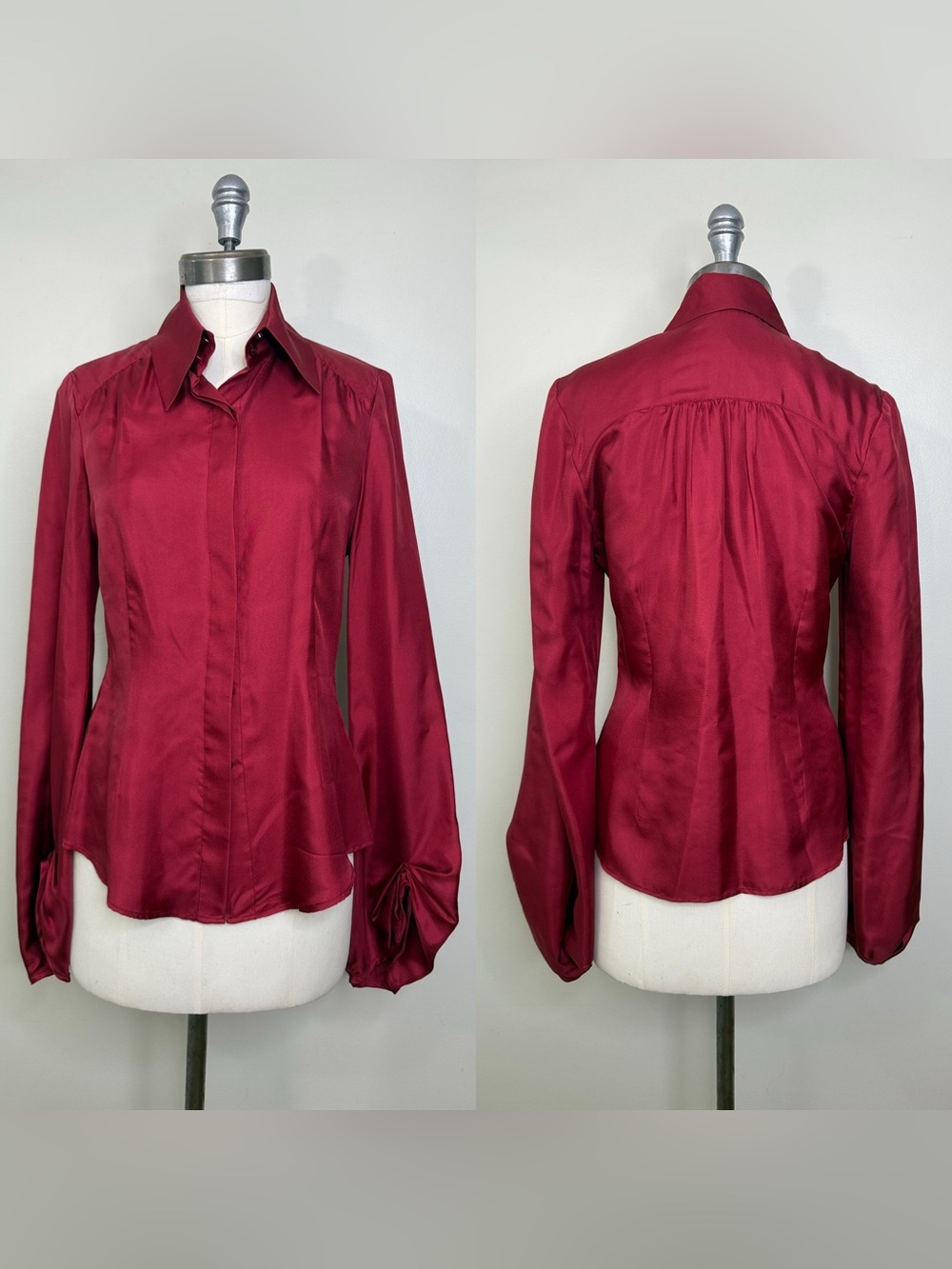 100% SILK RED/BURGUNDY BUTTON DOWN BLOUSE WITH BELL SLEEVES WITH SOME RUCHING